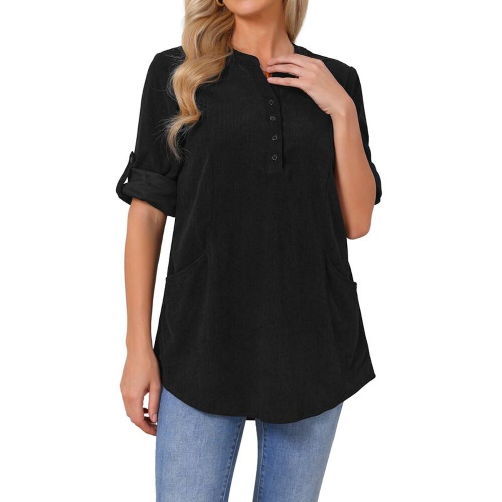 Women's Corduroy Top V Neck Roll Up Sleeve Casual Loose Fit Blouses Black